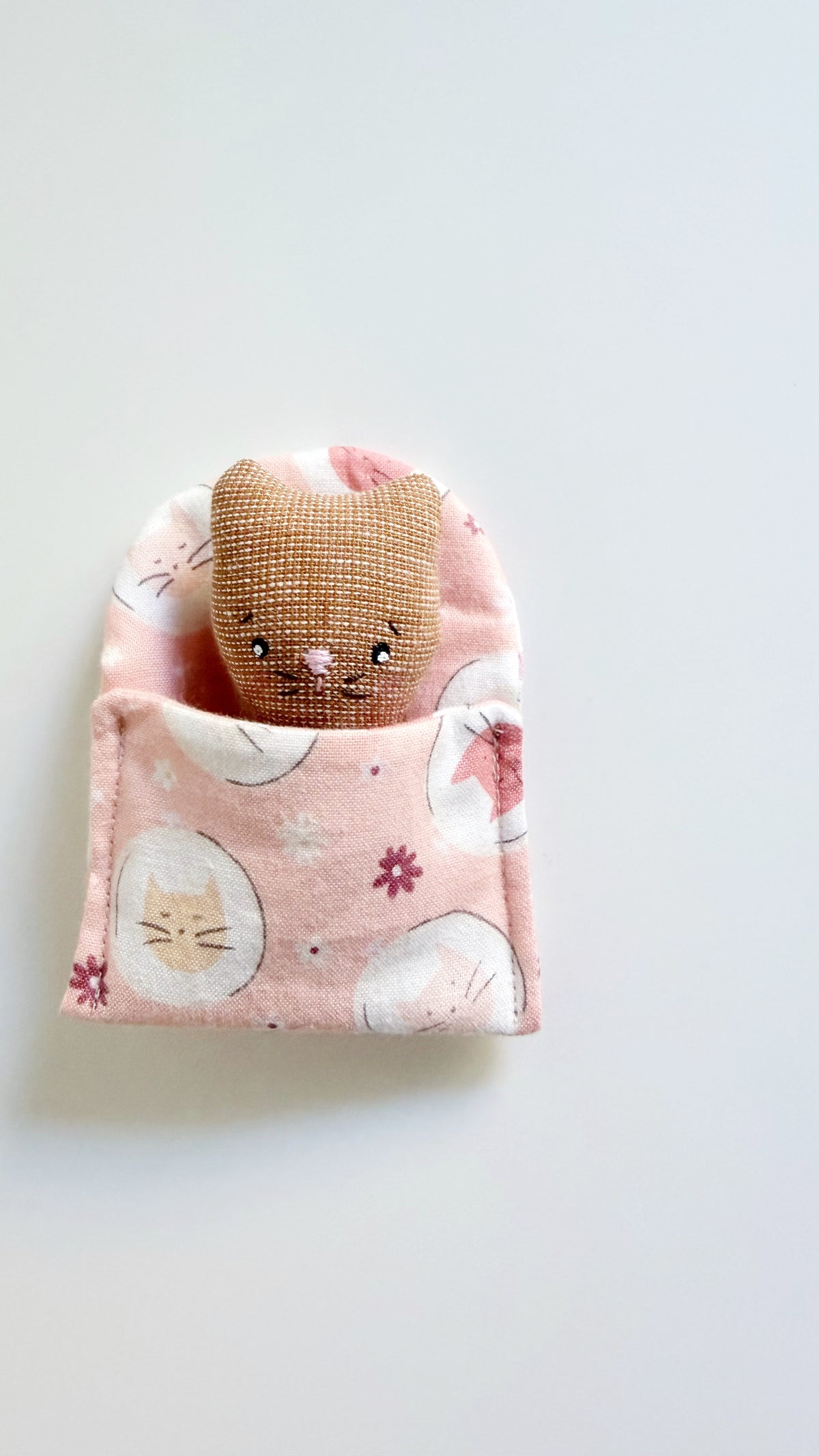 Cat cozy pal, cat doll, Pocket Pal, Animal in a Bed