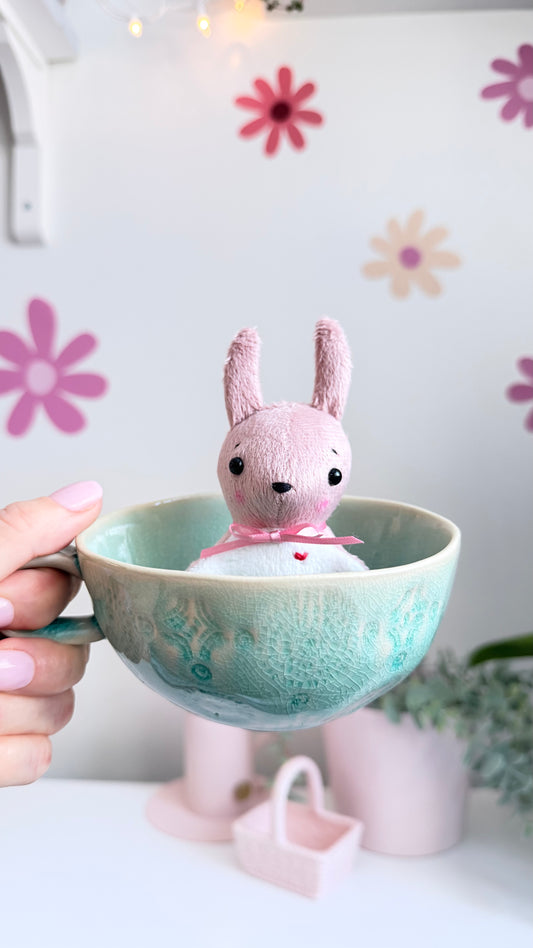 Pink Tea Cup Bunny, Bunny Doll, Pink Bunny, Bunny Plushie
