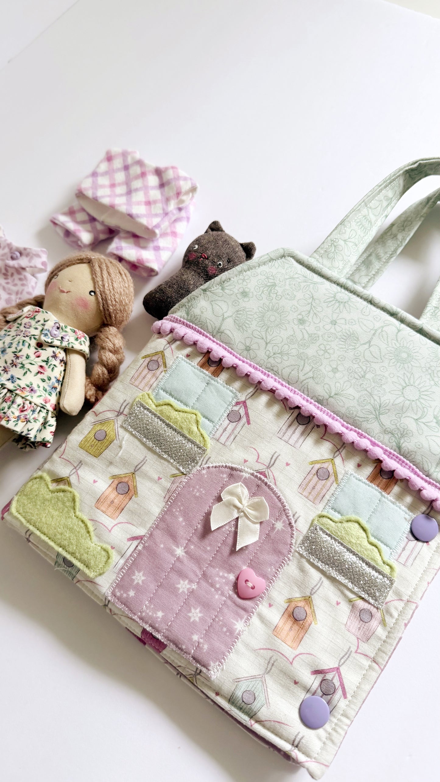 Travel Dollhouse, Pink/Green Fabric Dollhouse