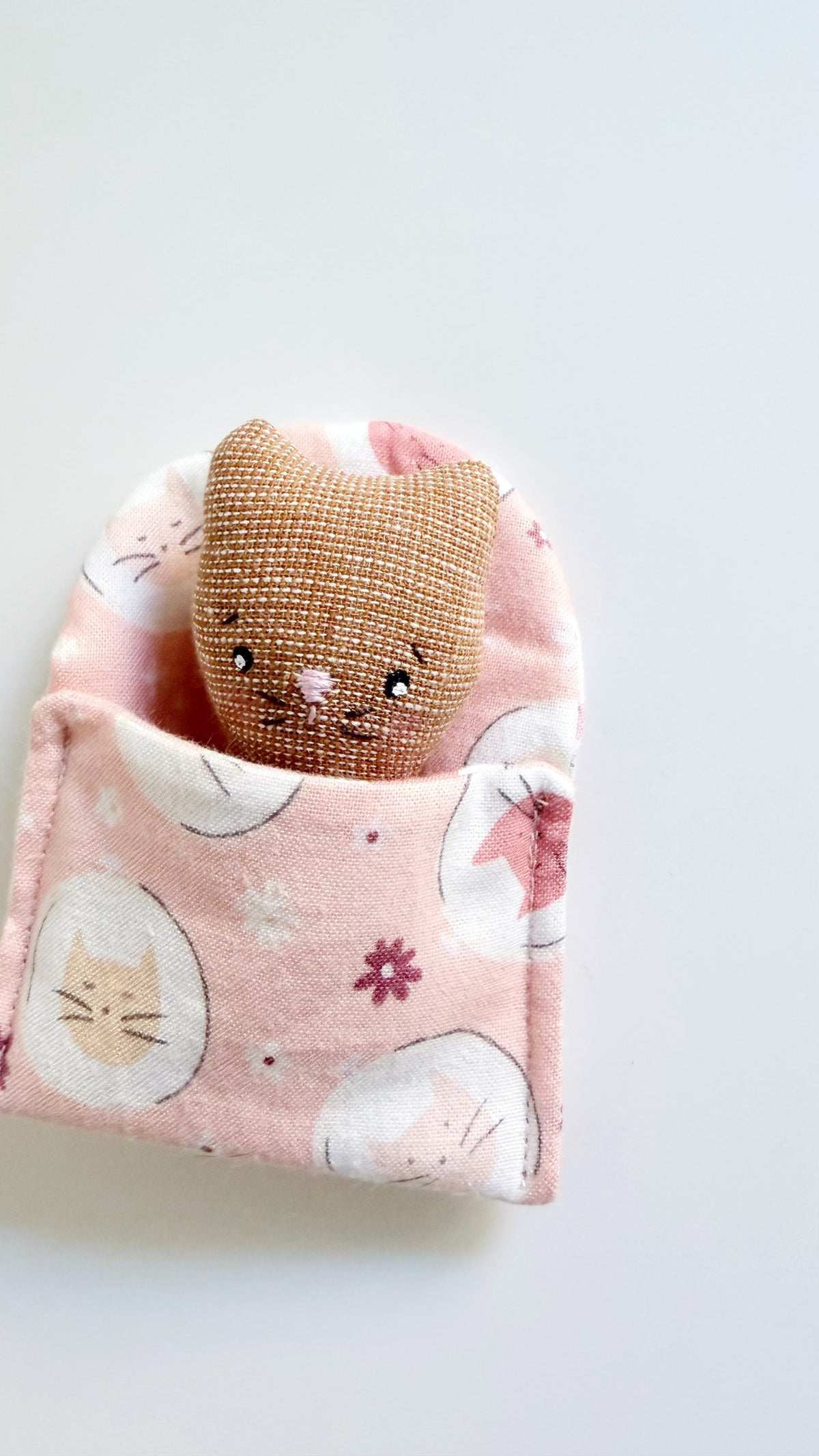 Cat cozy pal, cat doll, Pocket Pal, Animal in a Bed