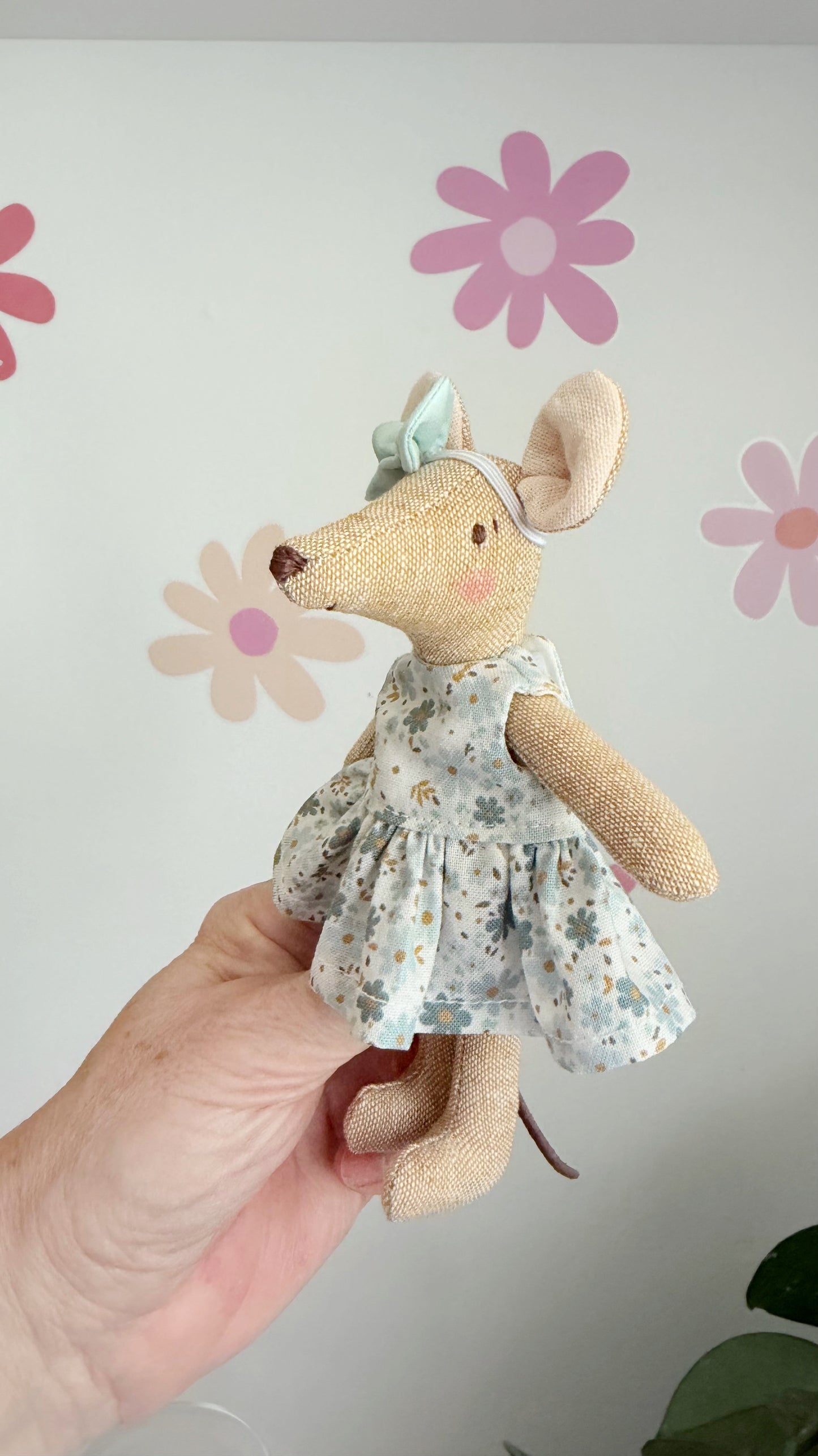 Blue Floral Pocket Mouse, Mouse Doll, Blue Mouse Doll