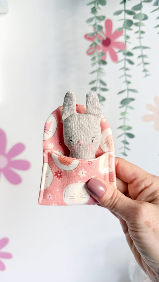Bunny cozy pal, bunny doll, Pocket Pal, Animal in a Bed