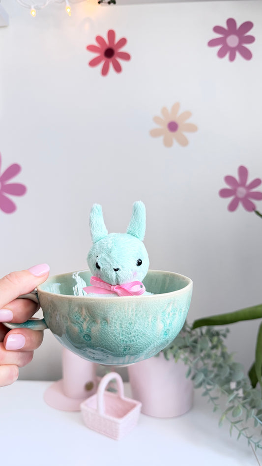 Aqua Tea Cup Bunny, Bunny Doll, Aqua Bunny, Bunny Plushie