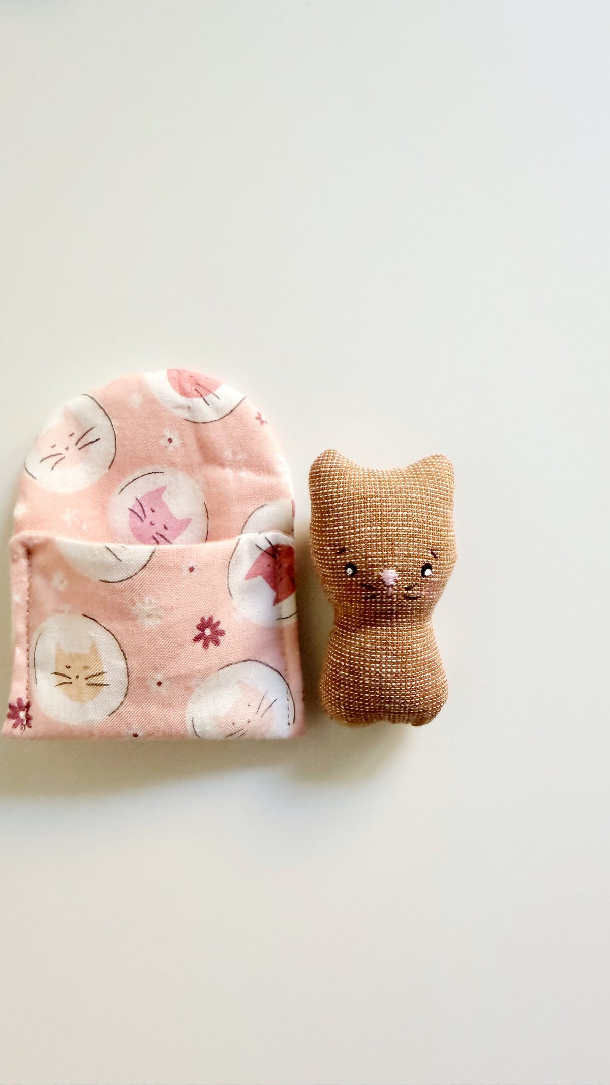 Cat cozy pal, cat doll, Pocket Pal, Animal in a Bed