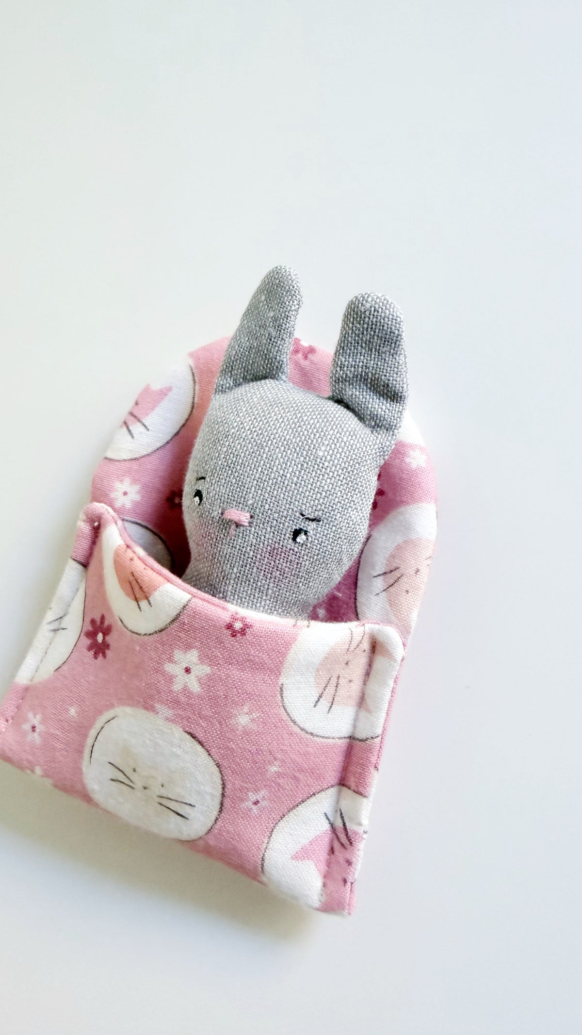 Bunny cozy pal, bunny doll, Pocket Pal, Animal in a Bed