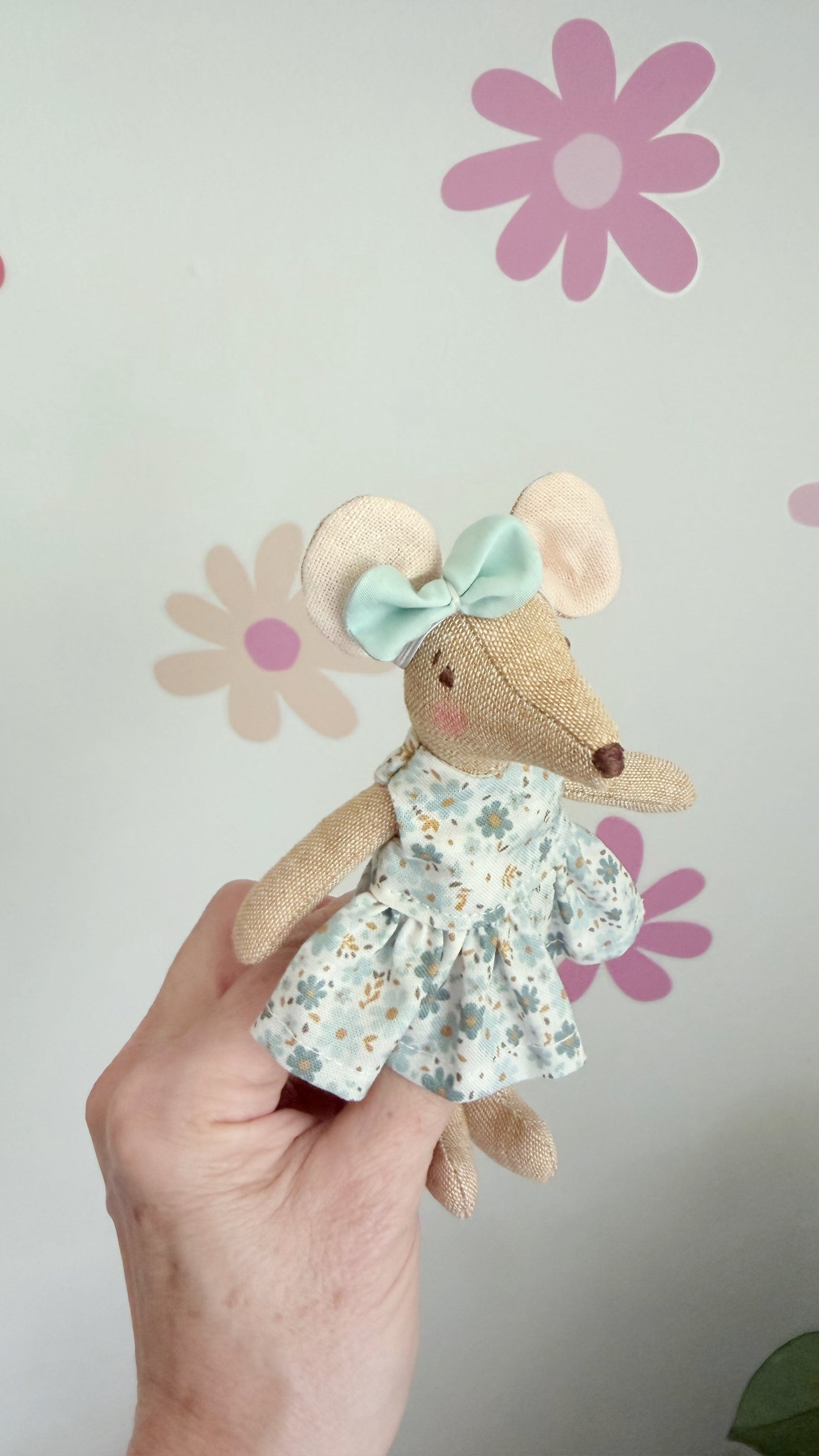 Blue Floral Pocket Mouse, Mouse Doll, Blue Mouse Doll