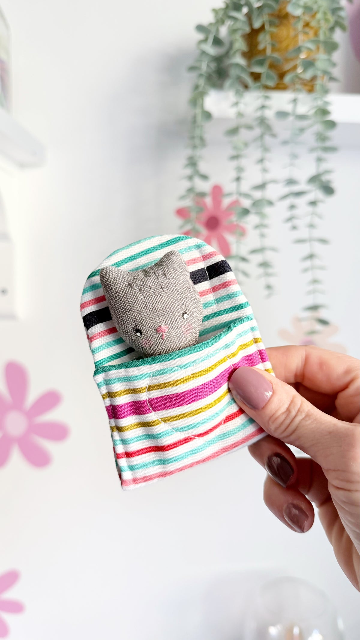 Cat cozy pal, cat doll, Pocket Pal, Animal in a Bed