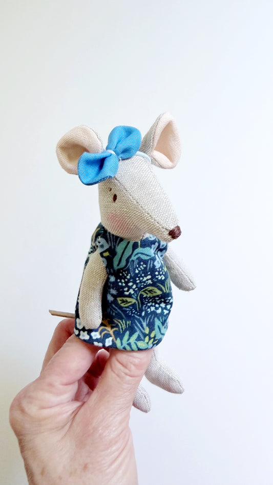 Blue floral Dress Pocket Mouse, Mouse Doll,  Mouse Doll