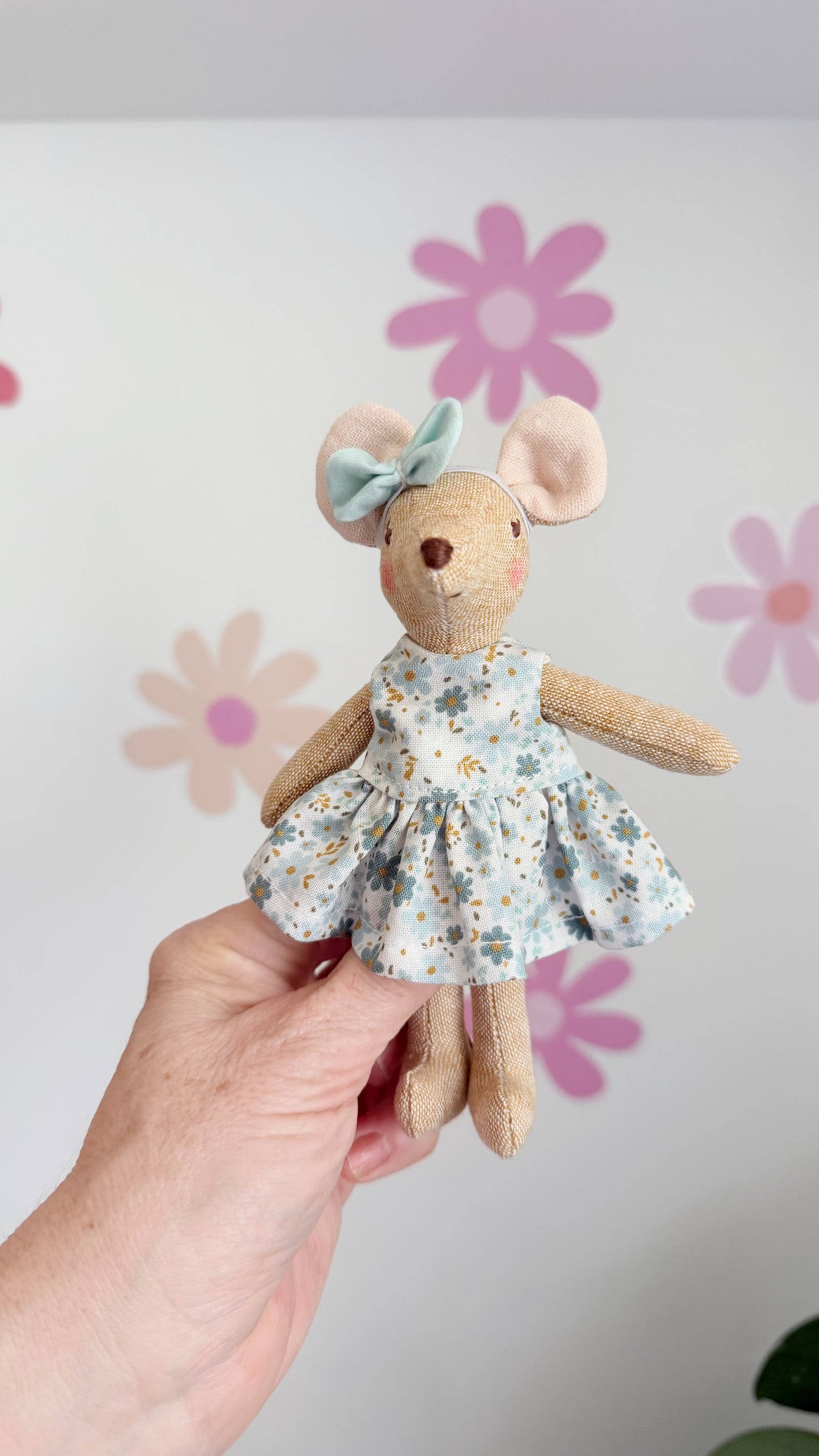 Blue Floral Pocket Mouse, Mouse Doll, Blue Mouse Doll